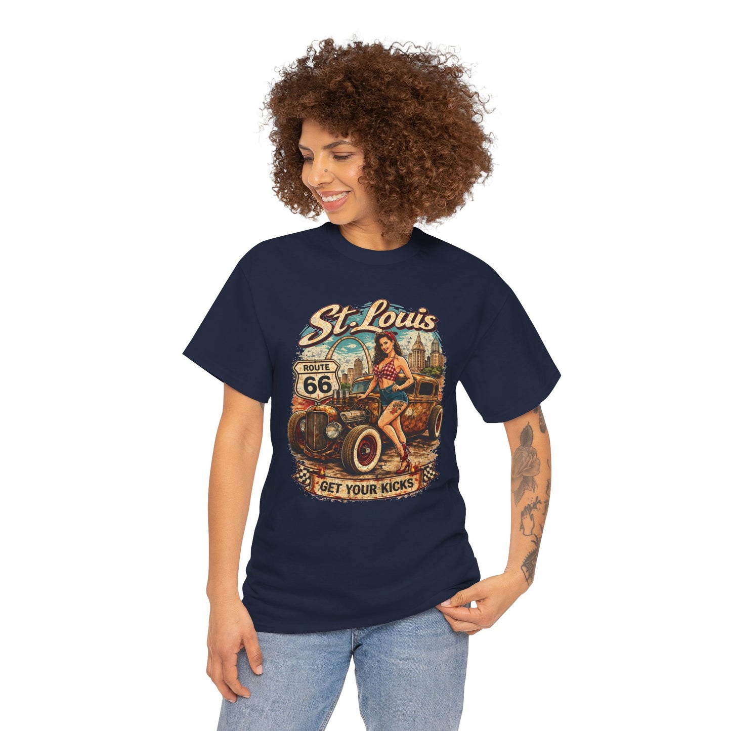 St. Louis Route 66 Vintage Car T‑Shirt — "Get Your Kicks" Retro Road Trip Tee Printify