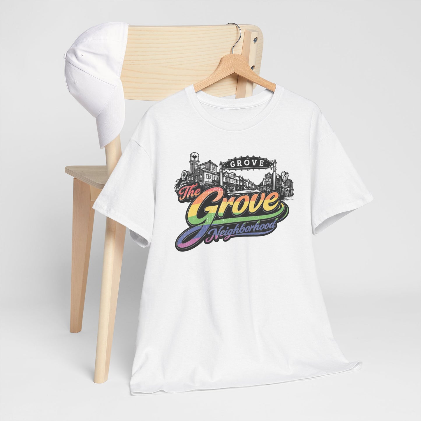 The Grove Neighborhood Tee — Retro Rainbow Logo T-Shirt