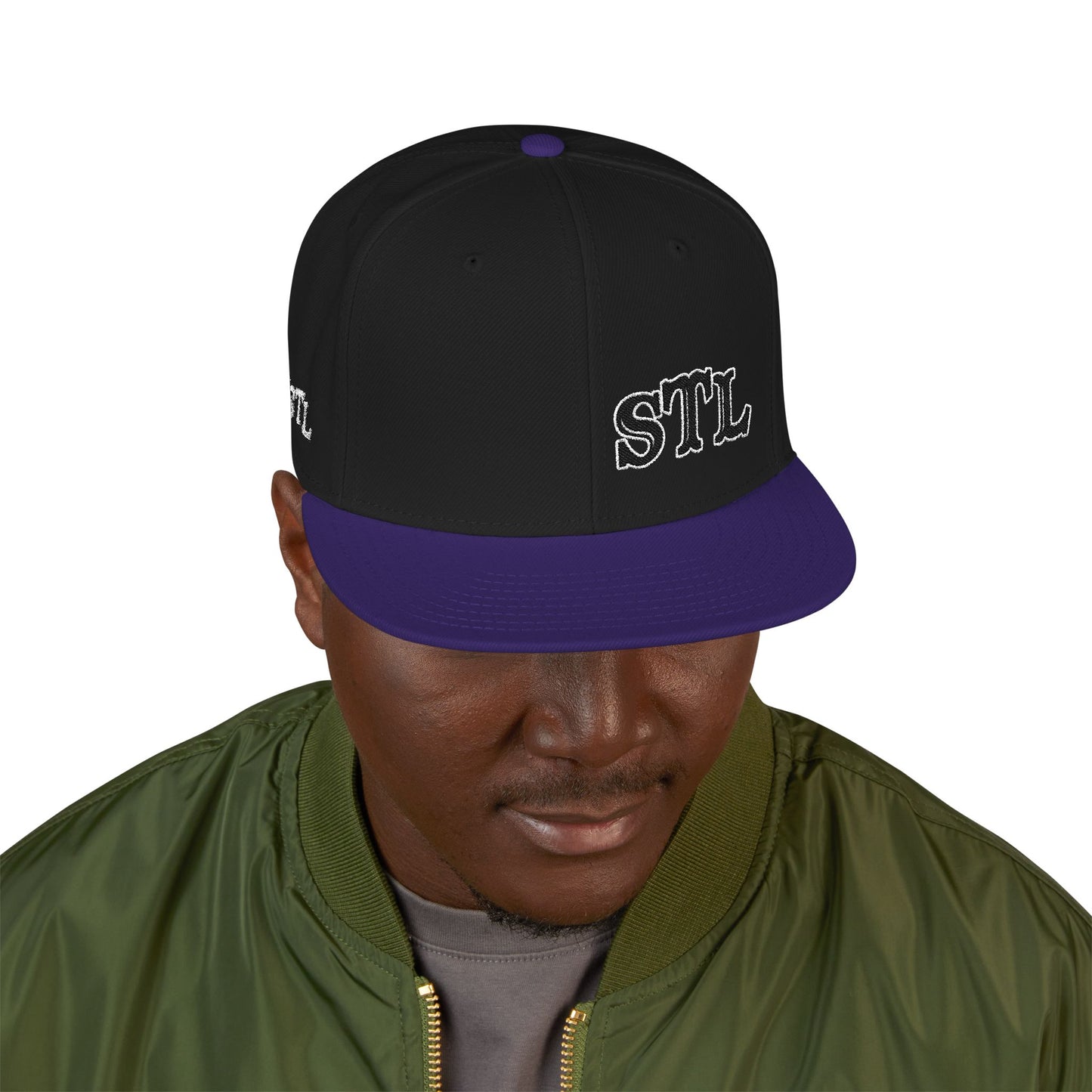 STL Embroidered Snapback Hat- Black & White Lettering Printify