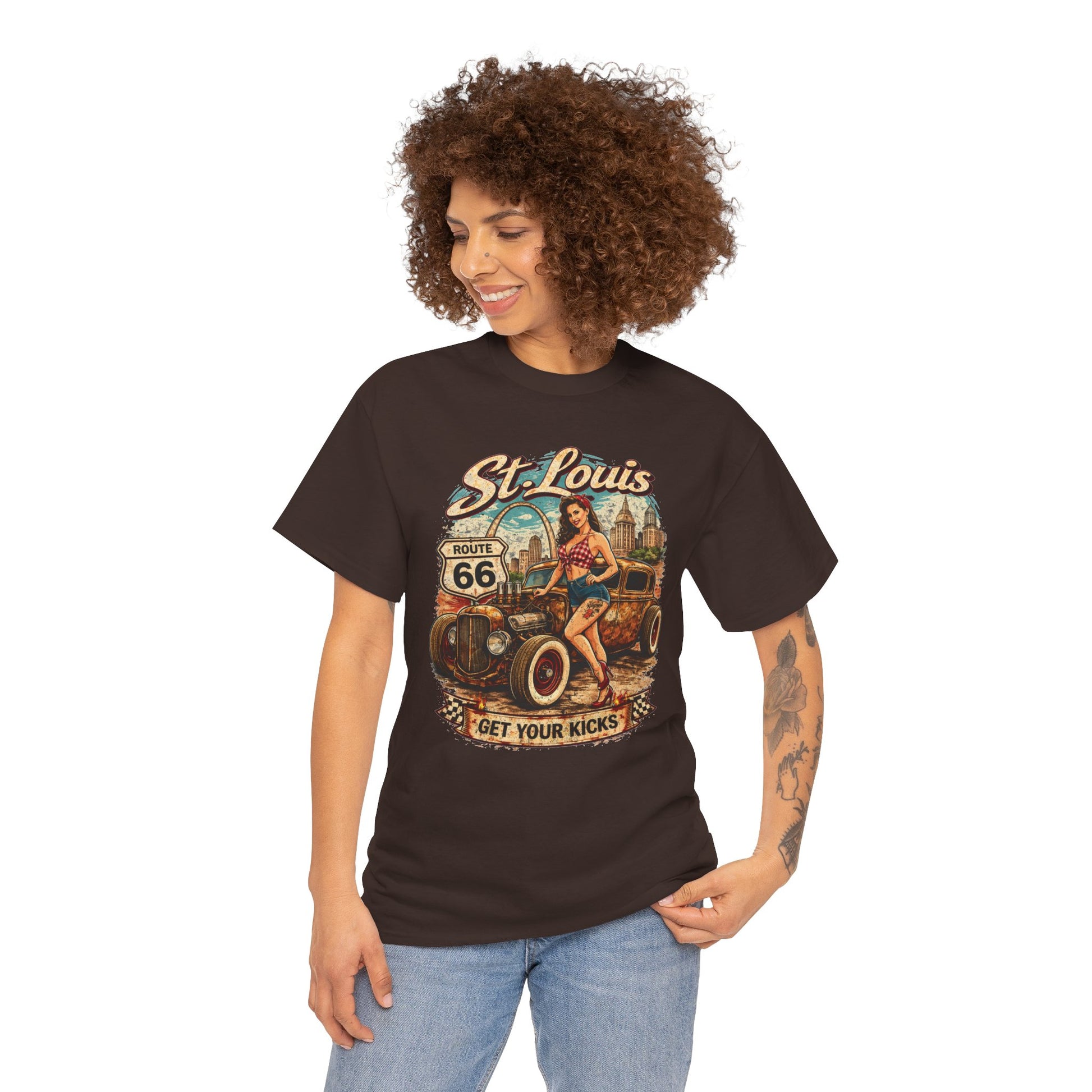 St. Louis Route 66 Vintage Car T‑Shirt — "Get Your Kicks" Retro Road Trip Tee Printify