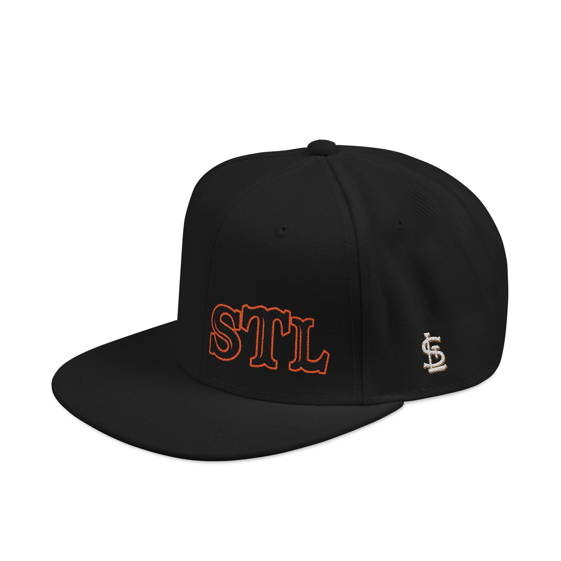 STL Embroidered Snapback Hat- Black & Orange Lettering Printify