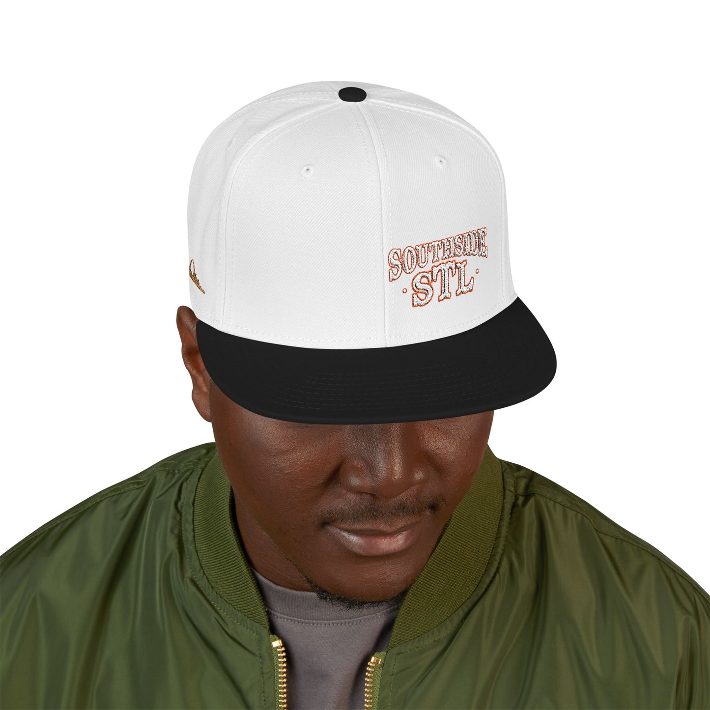 Embroidered Snapback Hat - Southside STL - White & Orange Lettering Printify