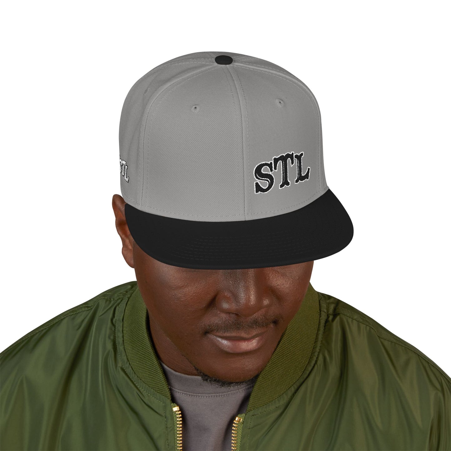 STL Embroidered Snapback Hat- Black & White Lettering Printify