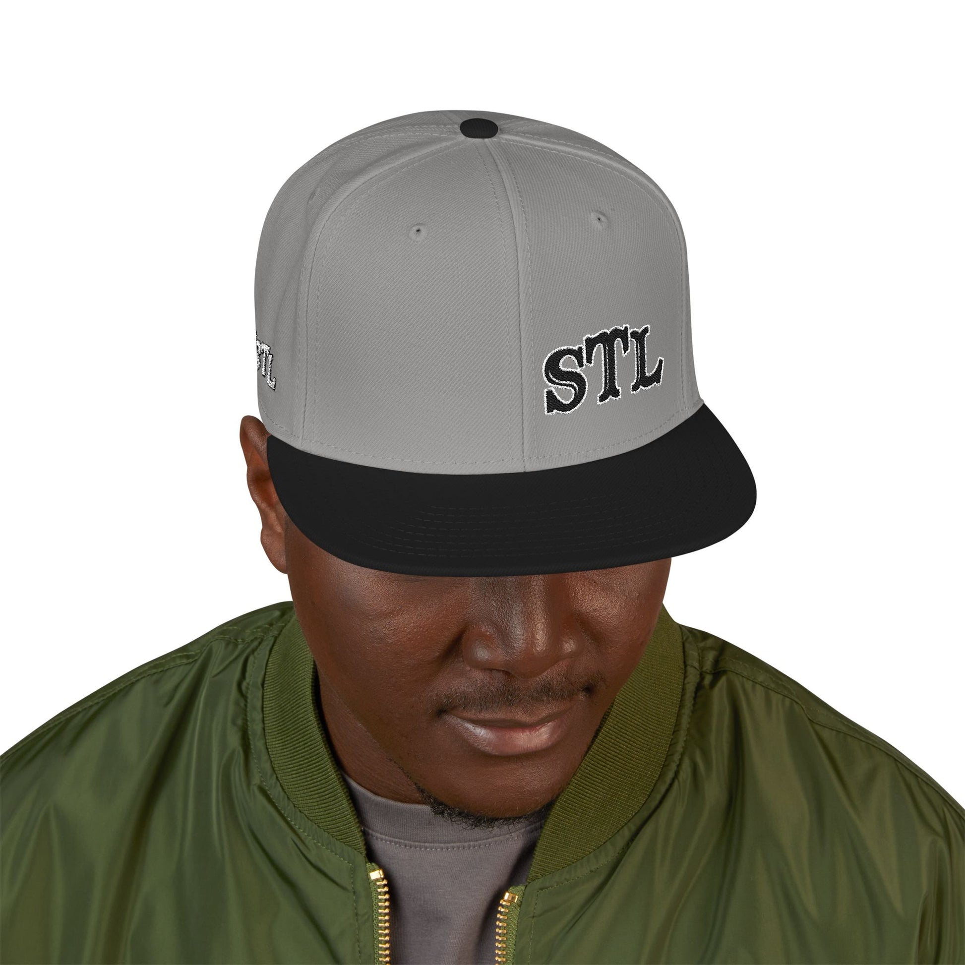 STL Embroidered Snapback Hat- Black & White Lettering Printify
