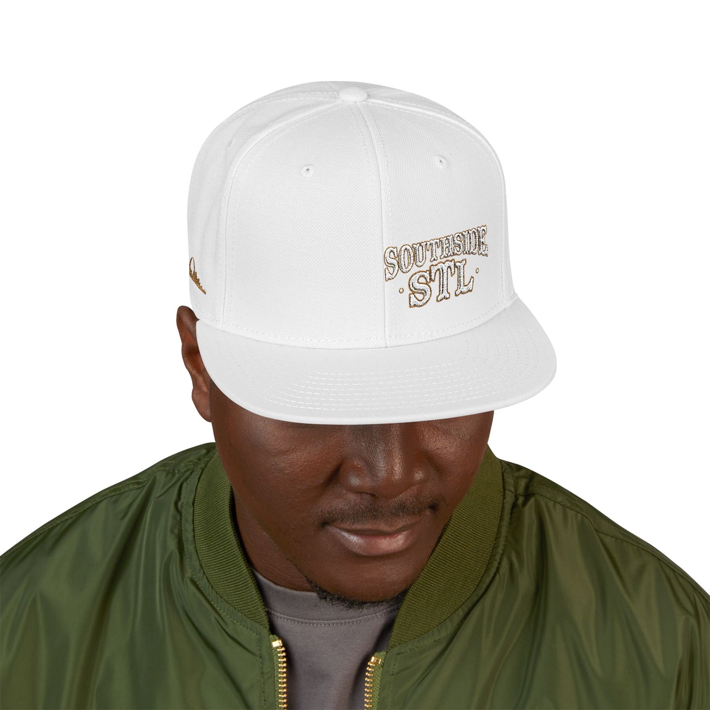 Embroidered Snapback Hat - Southside STL - White & Gold Lettering Printify