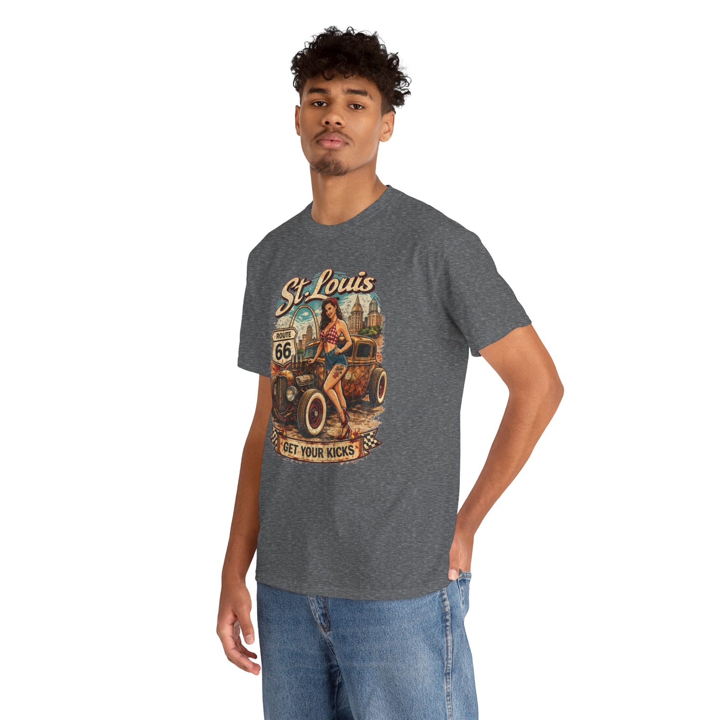 St. Louis Route 66 Vintage Car T‑Shirt — "Get Your Kicks" Retro Road Trip Tee Printify