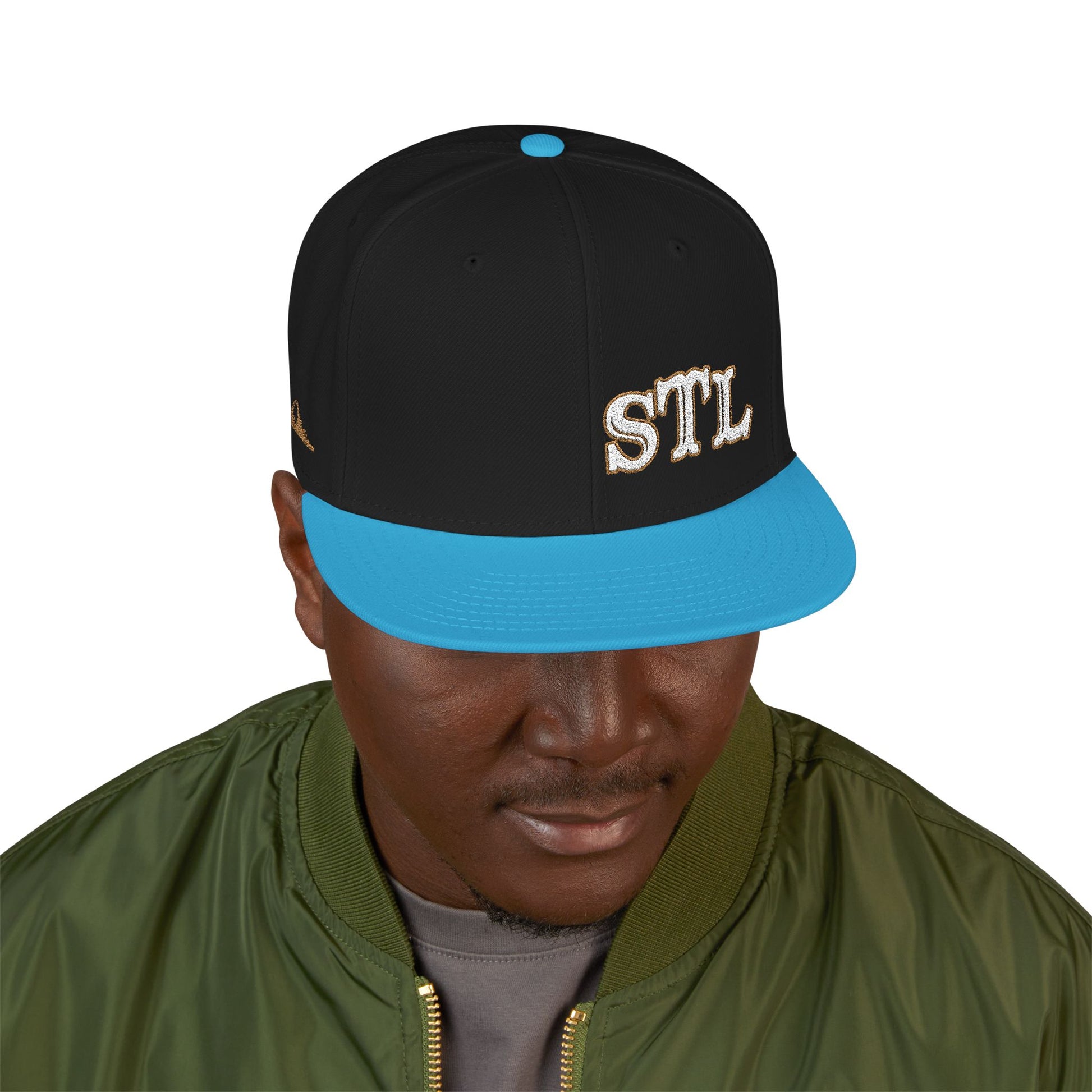 STL Embroidered Snapback Hat- Gold & White Lettering Printify