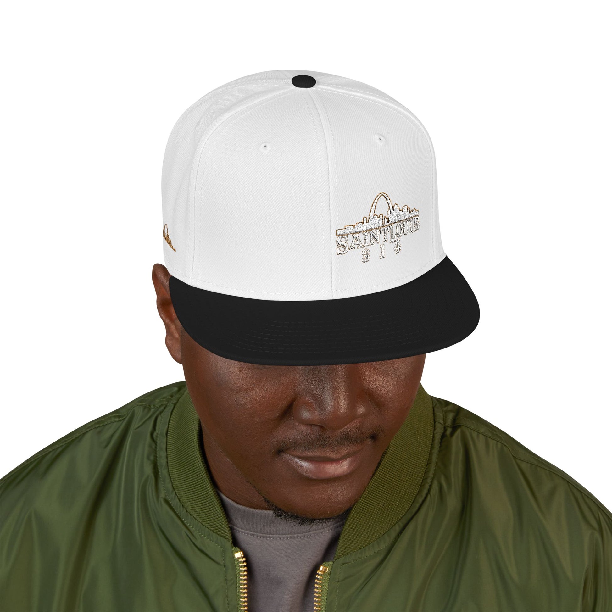 Embroidered Snapback Hat - Saint Louis - White and Gold Lettering Printify