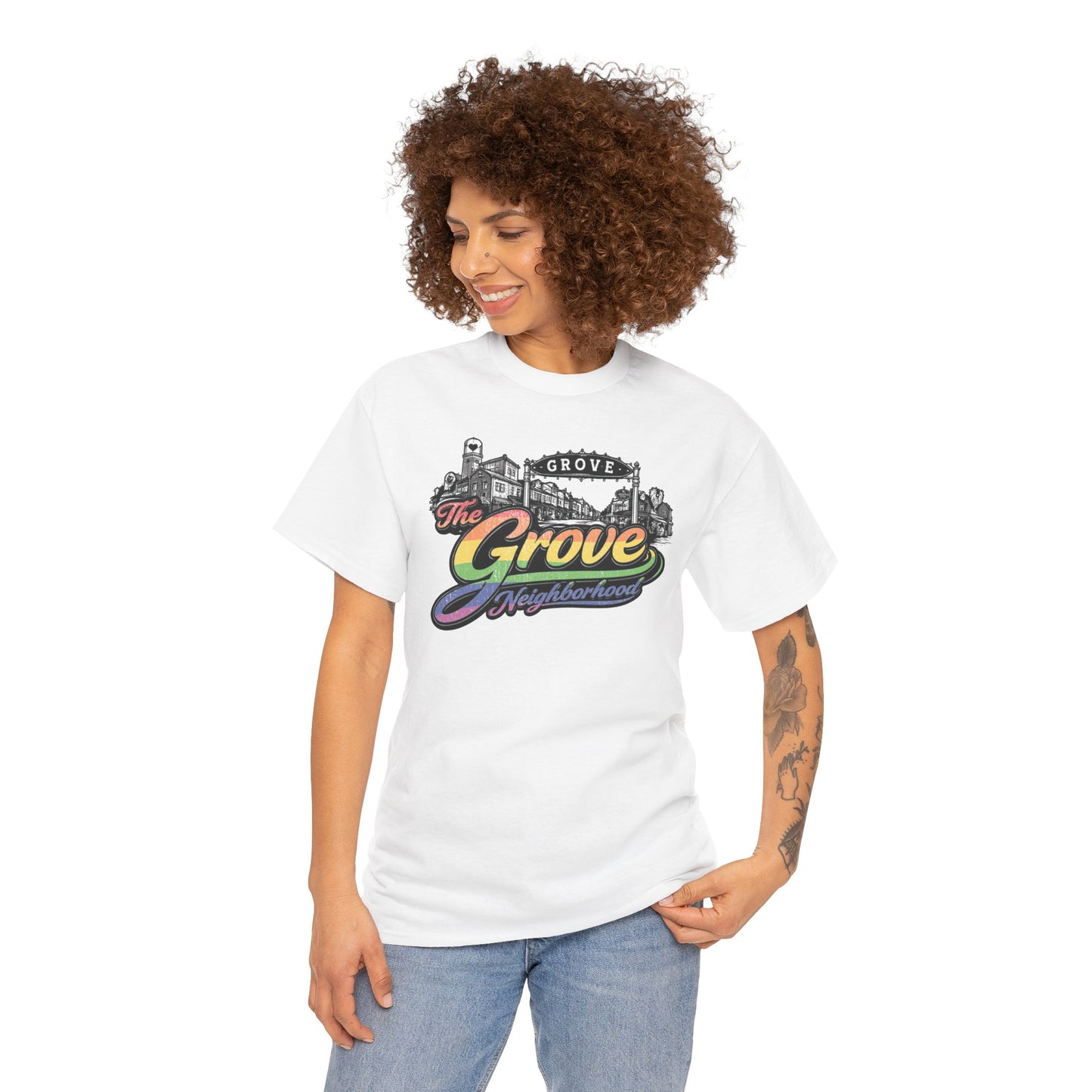 The Grove Neighborhood Tee — Retro Rainbow Logo T-Shirt