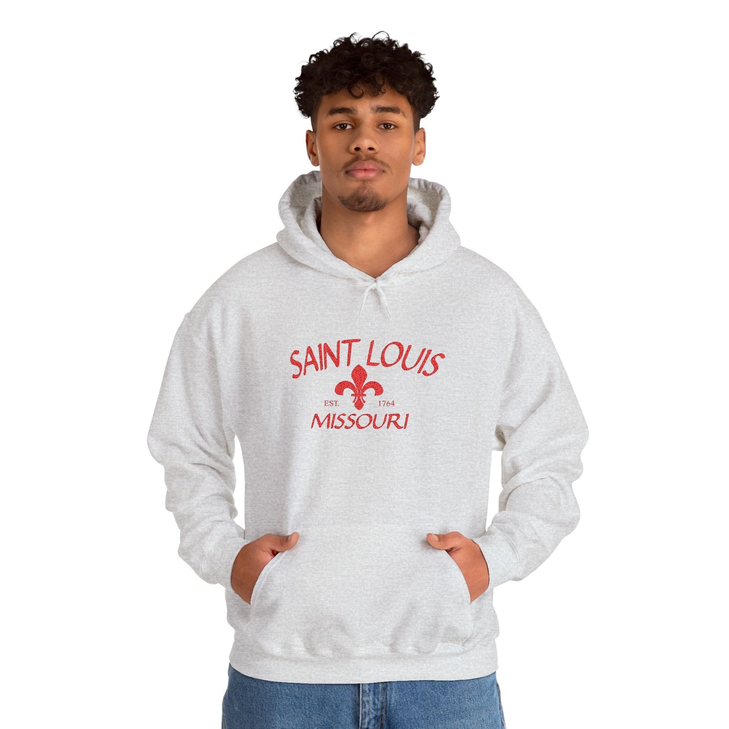 Saint Louis Missouri Embroidered Hoodie — Red Lettering