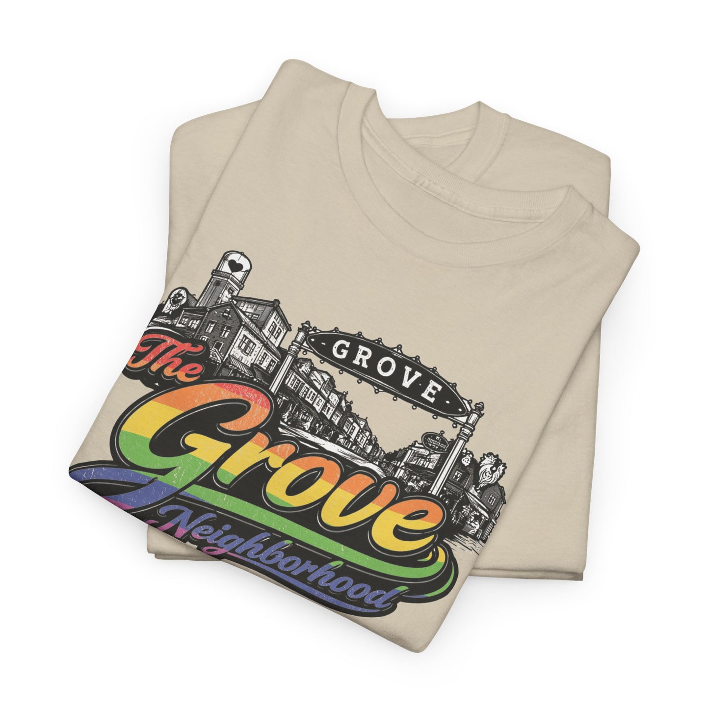 The Grove Neighborhood Tee — Retro Rainbow Logo T-Shirt