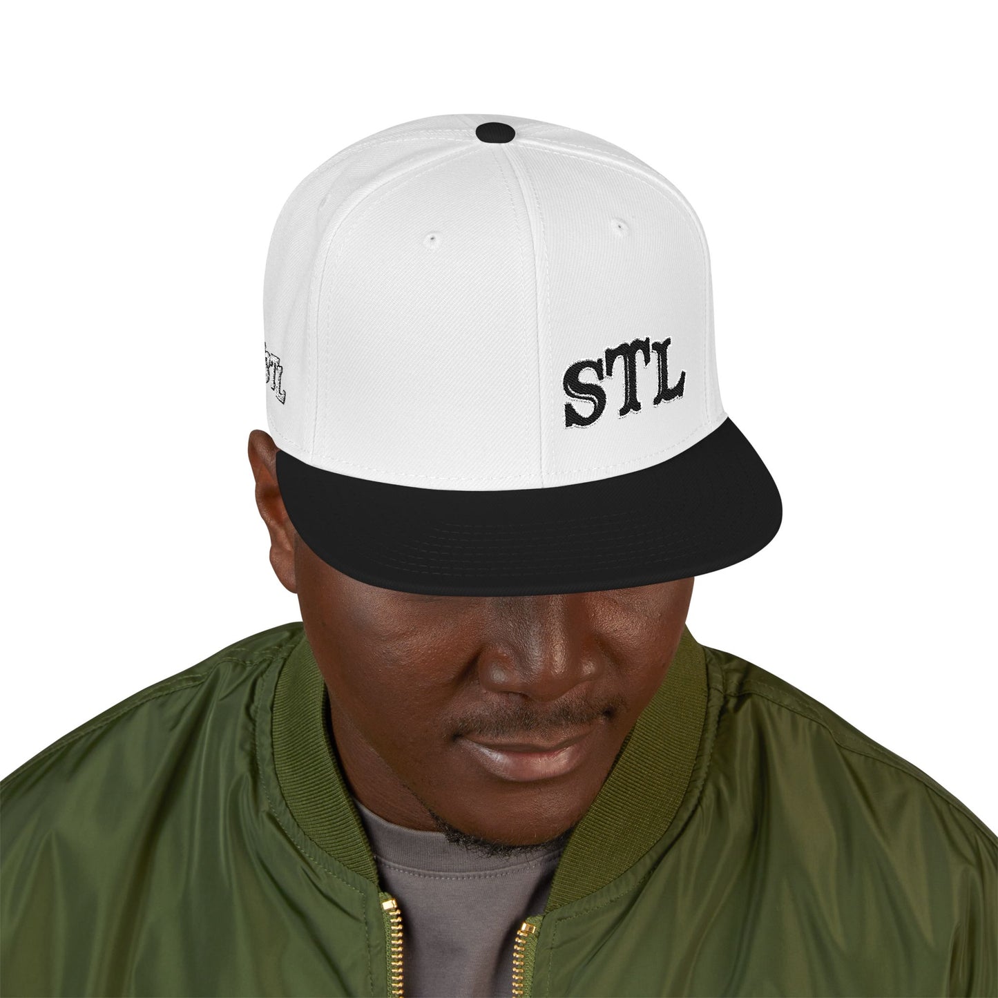 STL Embroidered Snapback Hat- Black & White Lettering Printify