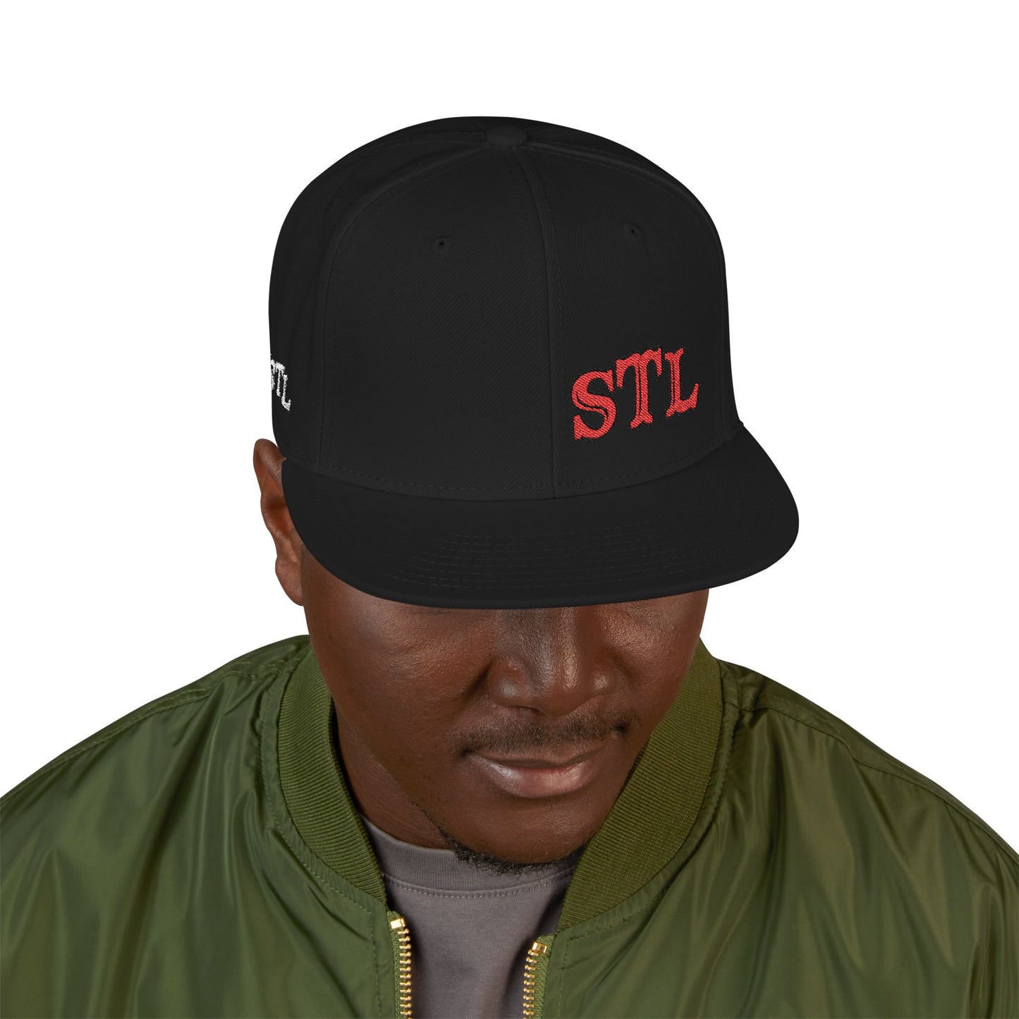 STL Embroidered Snapback Hat-Red & Black Lettering Printify