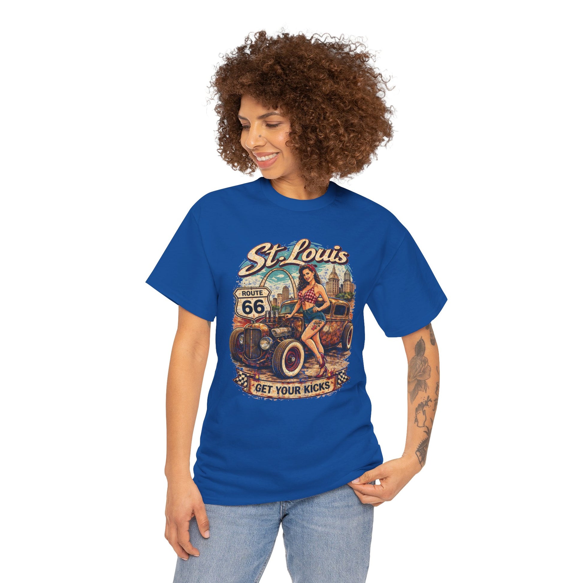 St. Louis Route 66 Vintage Car T‑Shirt — "Get Your Kicks" Retro Road Trip Tee Printify