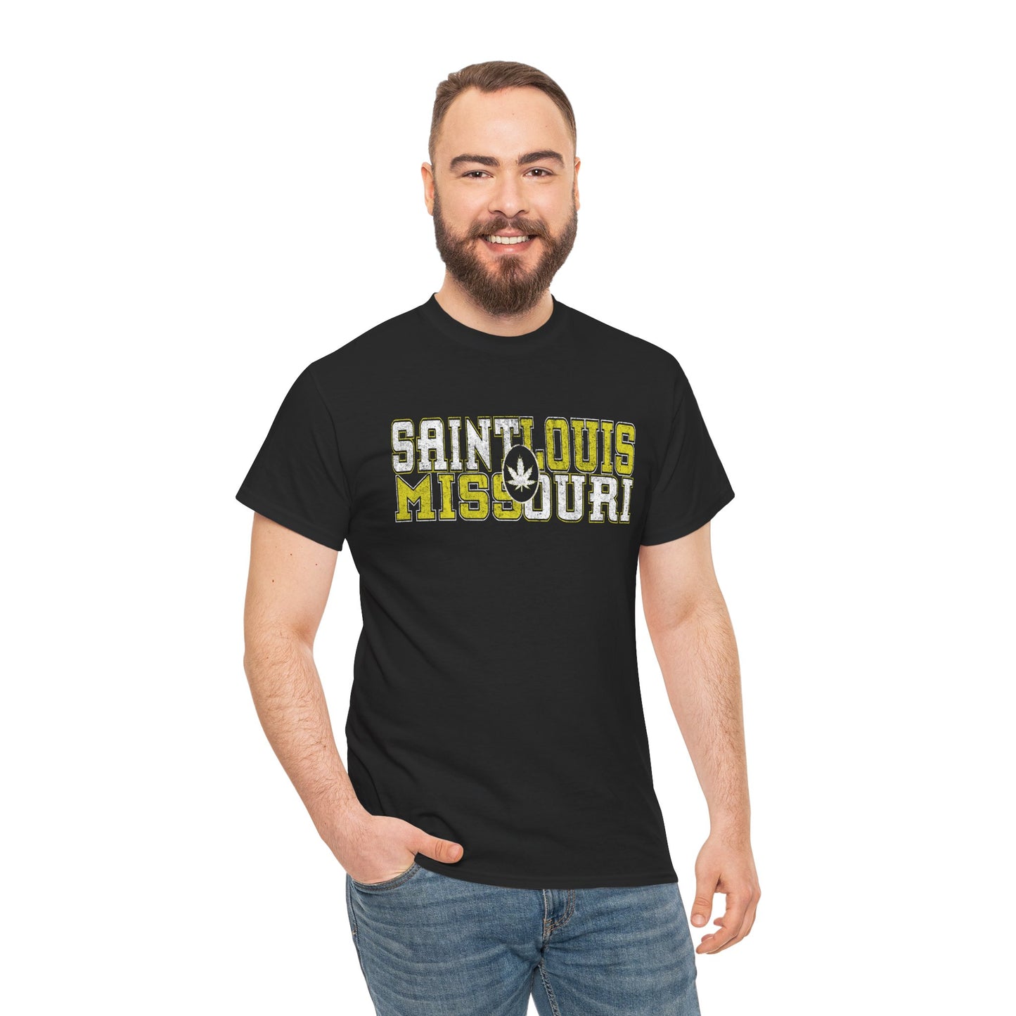 Saint Louis Missouri Tee - Retro Collegiate Cannabis Leaf Design