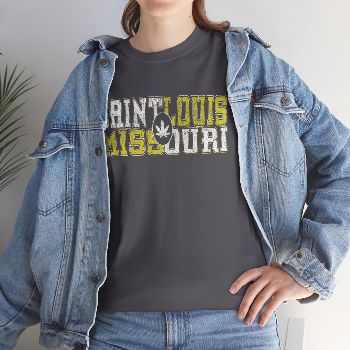 Saint Louis Missouri Tee - Retro Collegiate Cannabis Leaf Design