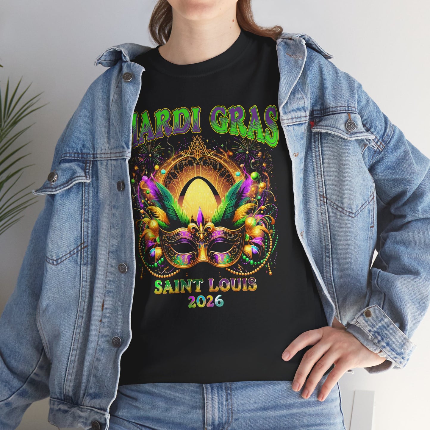 Mardi Gras Graphic Tee — Festive Carnival Mask & Beads Shirt