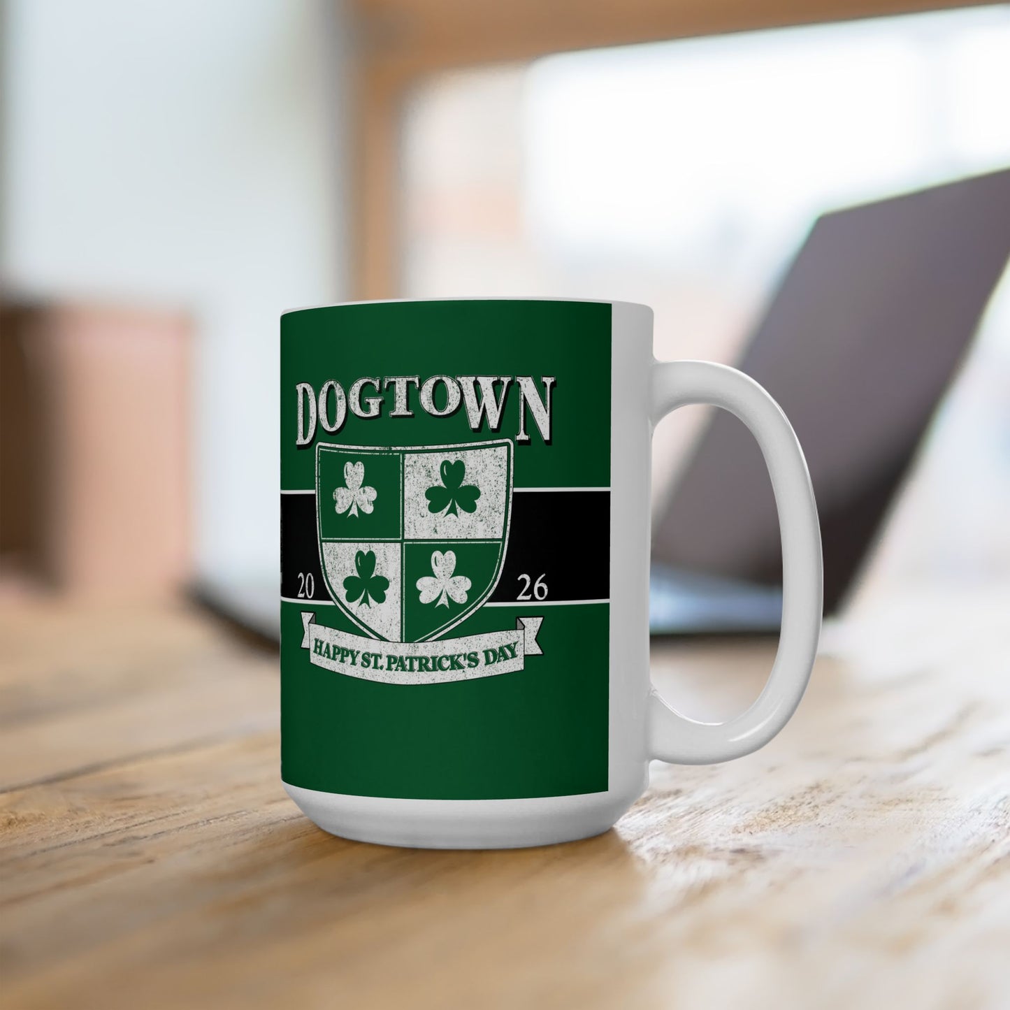 St. Patrick's Day Green Ceramic Mug – 'Dogtown' Crest 11oz/15oz Printify
