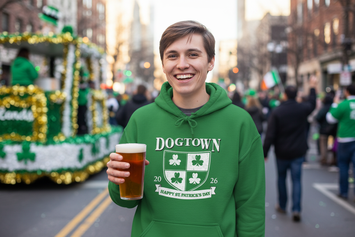 Dogtown St. Patrick's Day Hoodie — Shamrock Crest 'Happy St. Patrick's Day'