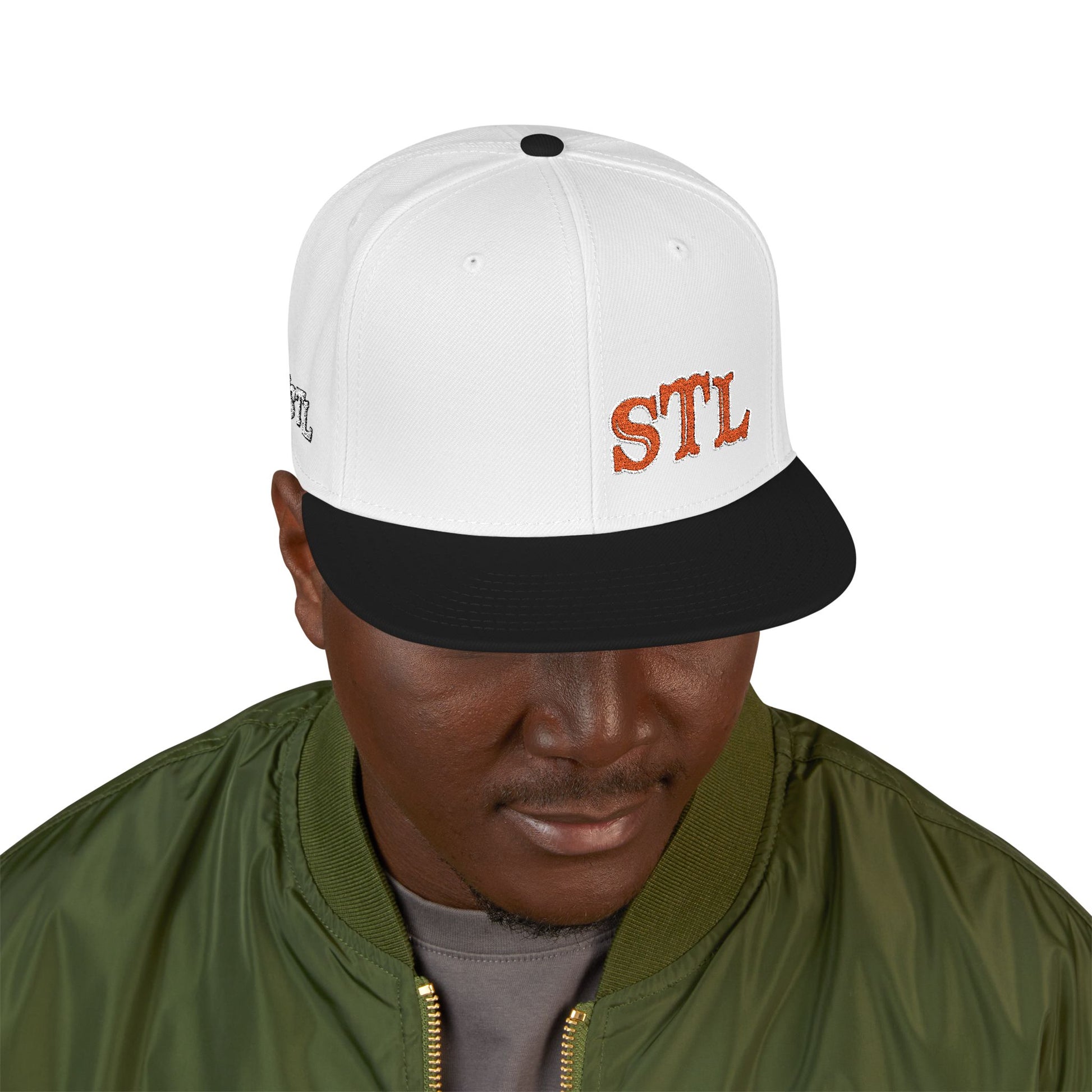 STL Embroidered Snapback Hat-Orange & White Lettering Printify