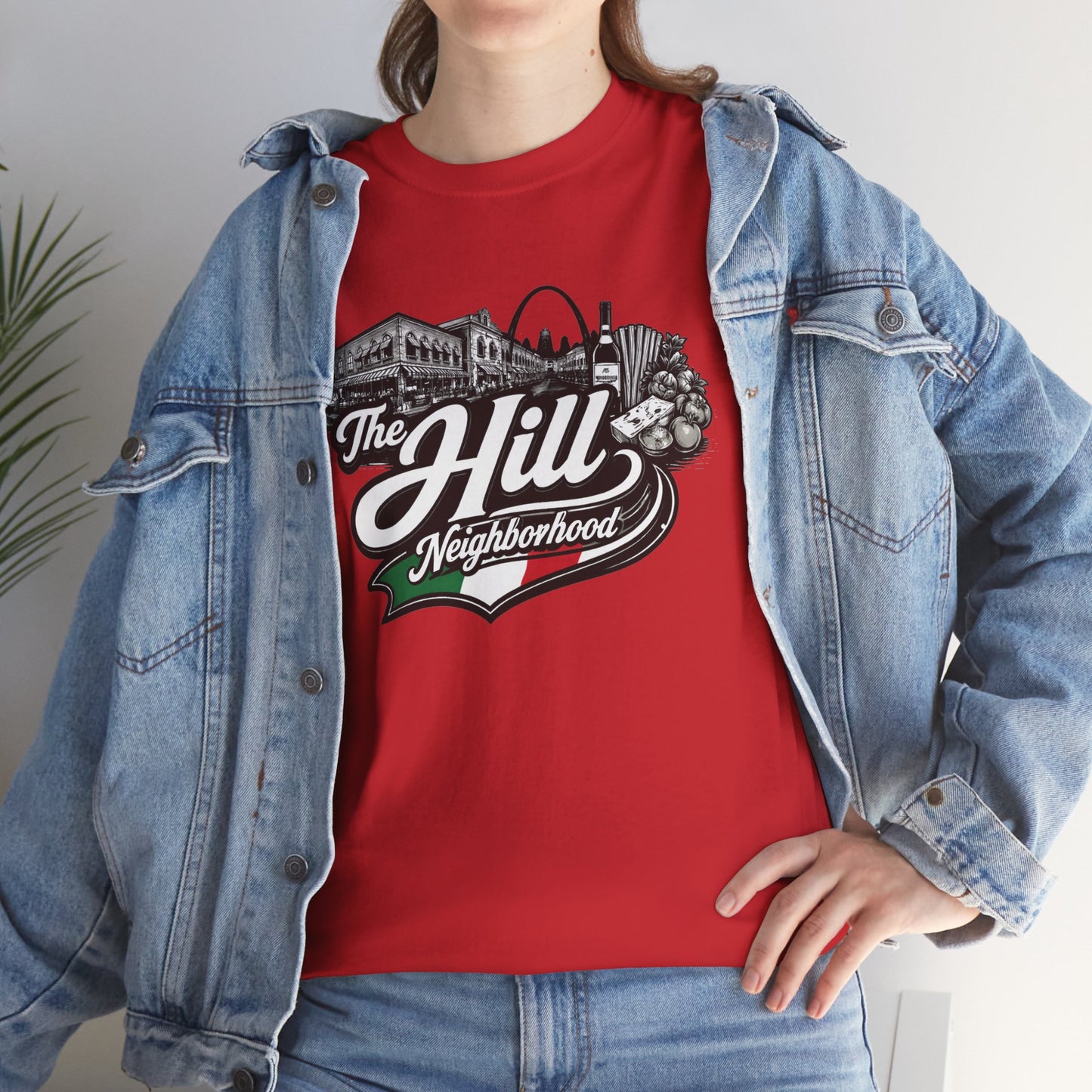 The Hill Neighborhood T-Shirt — Vintage Cityscape Tee with Red, White & Green Accents