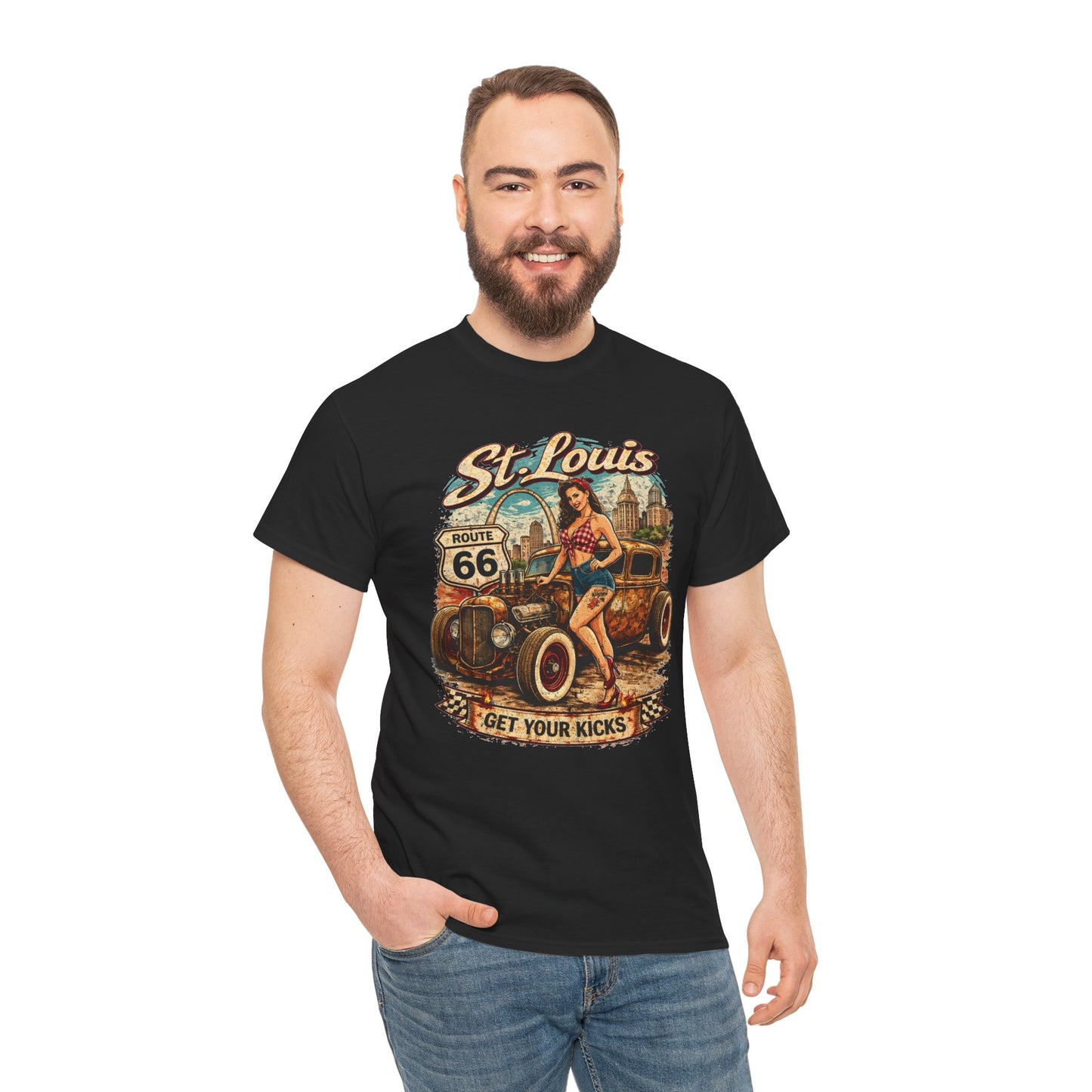St. Louis Route 66 Vintage Car T‑Shirt — "Get Your Kicks" Retro Road Trip Tee Printify