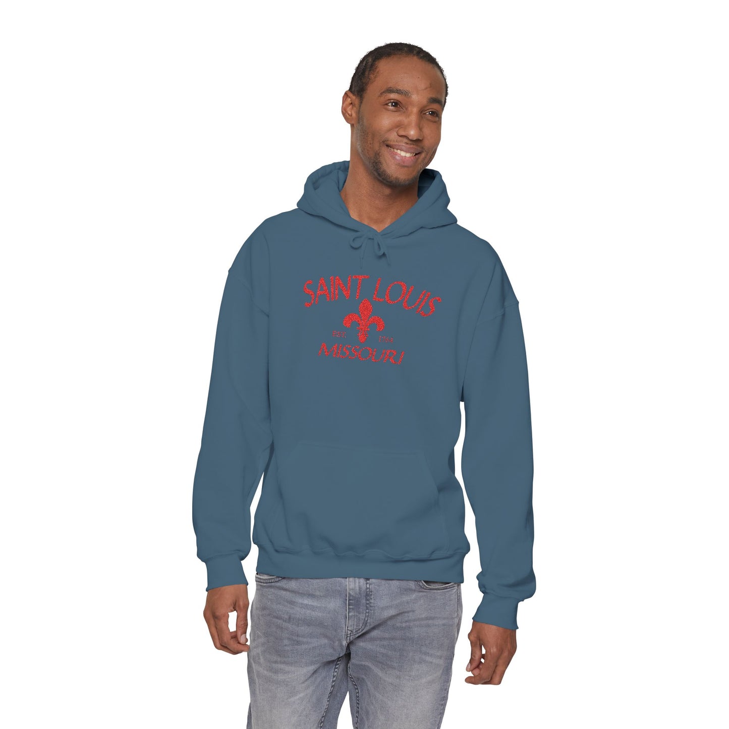 Saint Louis Missouri Embroidered Hoodie — Red Lettering