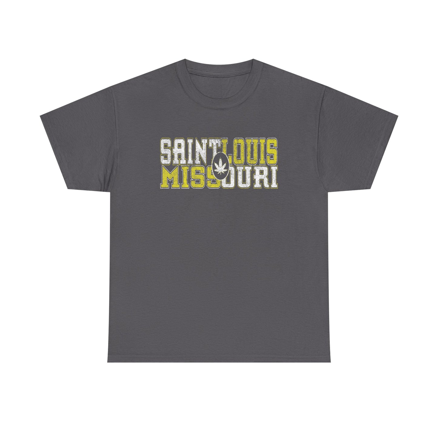 Saint Louis Missouri Tee - Retro Collegiate Cannabis Leaf Design