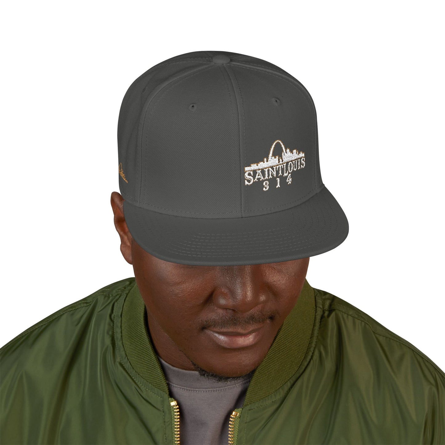 Embroidered Snapback Hat - Saint Louis - White and Gold Lettering Printify