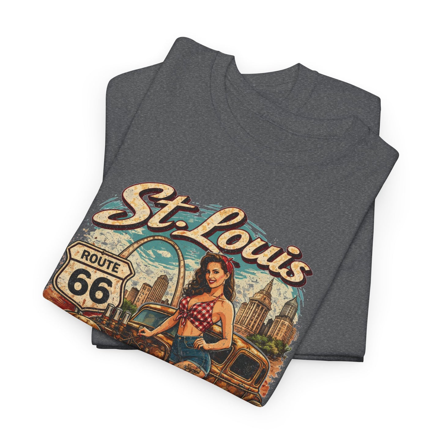 St. Louis Route 66 Vintage Car T‑Shirt — "Get Your Kicks" Retro Road Trip Tee Printify