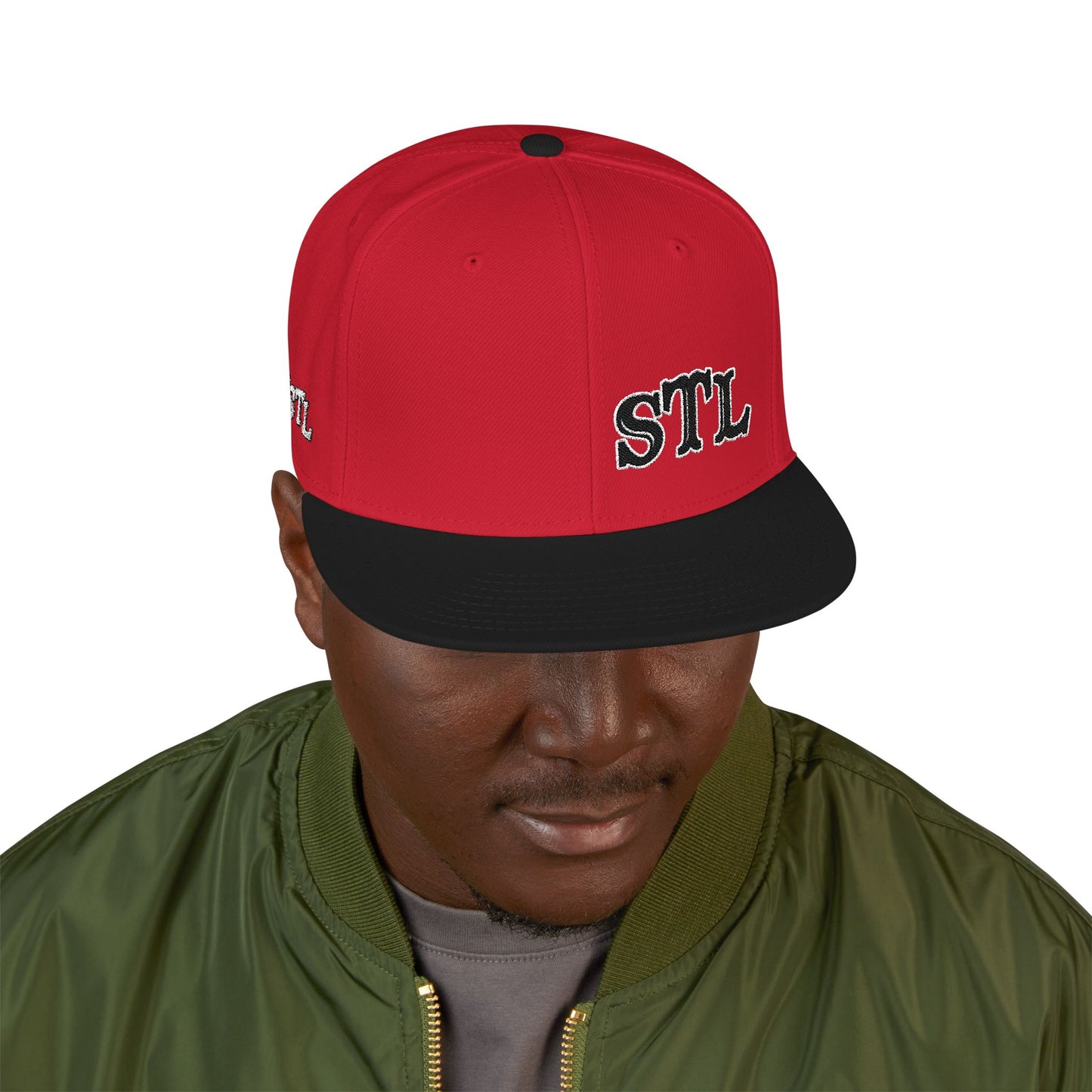 STL Embroidered Snapback Hat- Black & White Lettering Printify