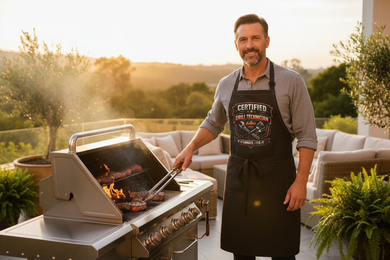 Certified Grill Technician Apron — "If It Smokes, I Fix It" BBQ Chef Apron