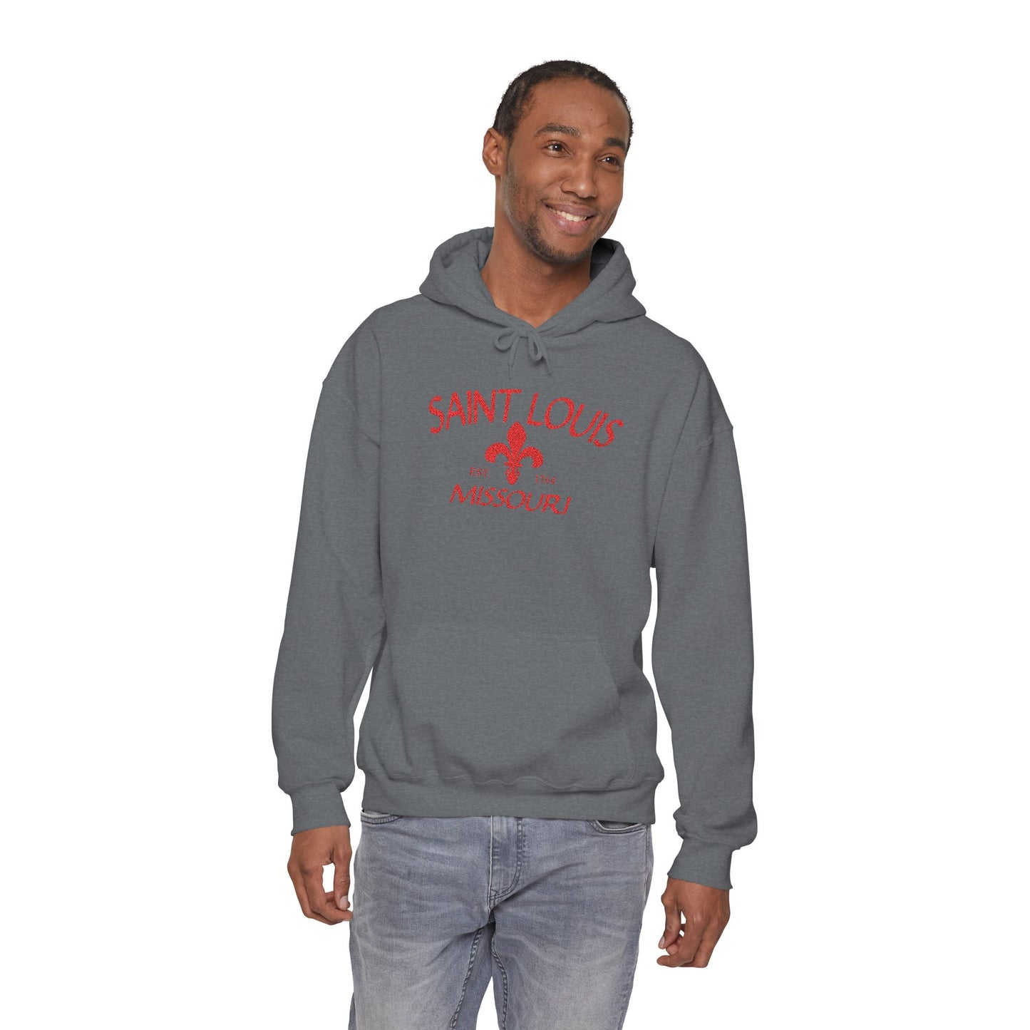 Saint Louis Missouri Embroidered Hoodie — Red Lettering