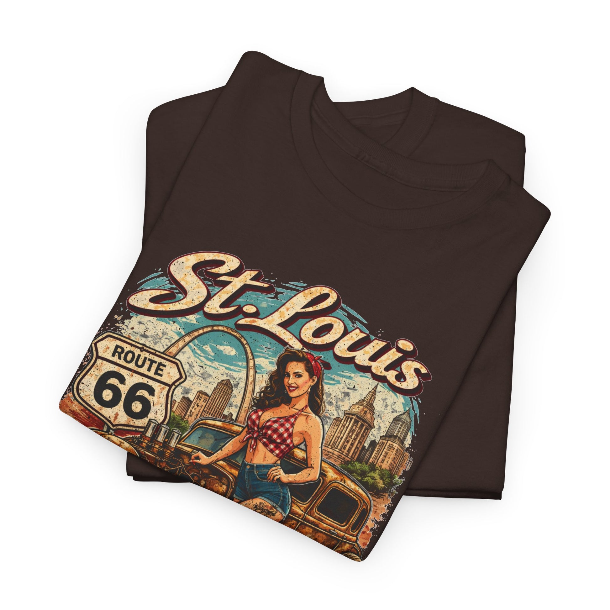 St. Louis Route 66 Vintage Car T‑Shirt — "Get Your Kicks" Retro Road Trip Tee Printify