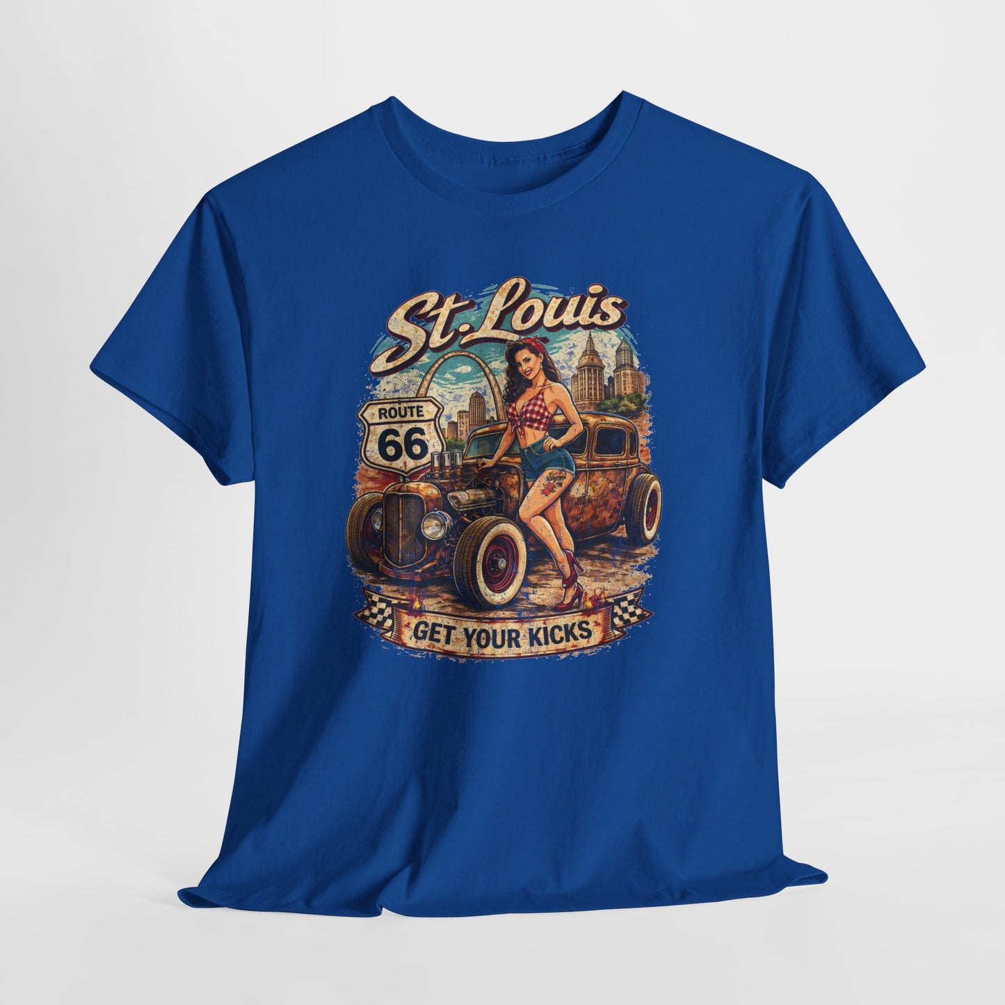 St. Louis Route 66 Vintage Car T‑Shirt — "Get Your Kicks" Retro Road Trip Tee Printify