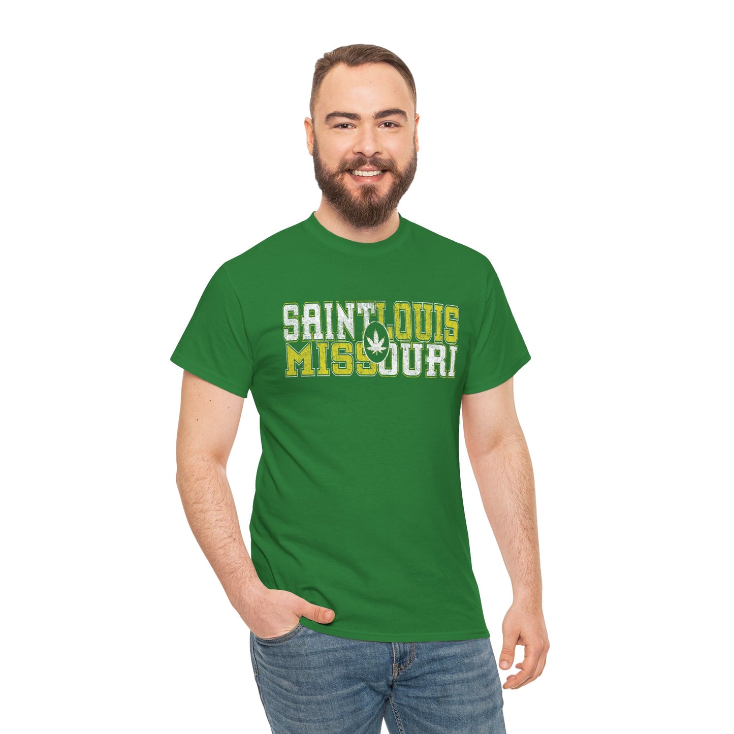Saint Louis Missouri Tee - Retro Collegiate Cannabis Leaf Design