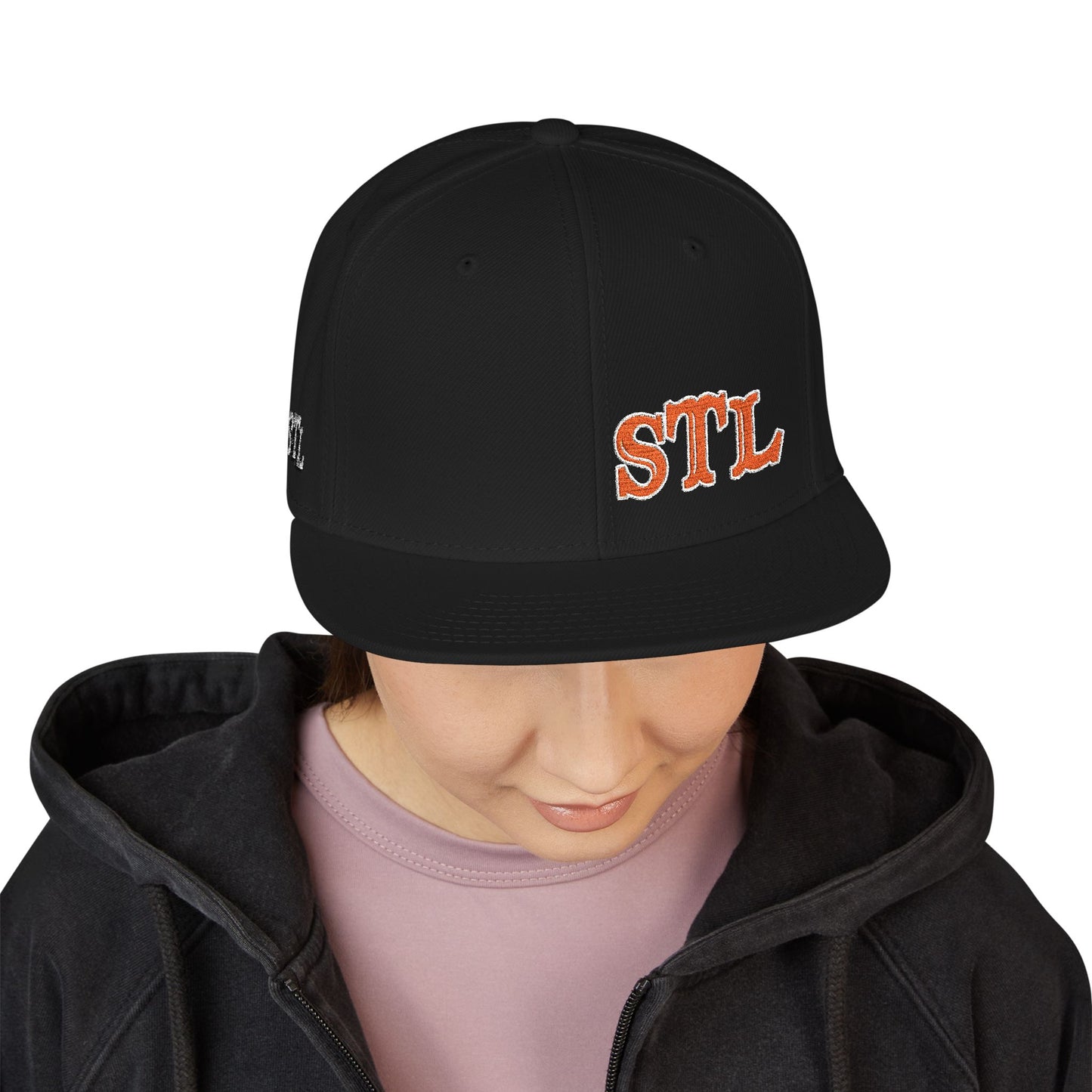 STL Embroidered Snapback Hat-Orange & White Lettering Printify