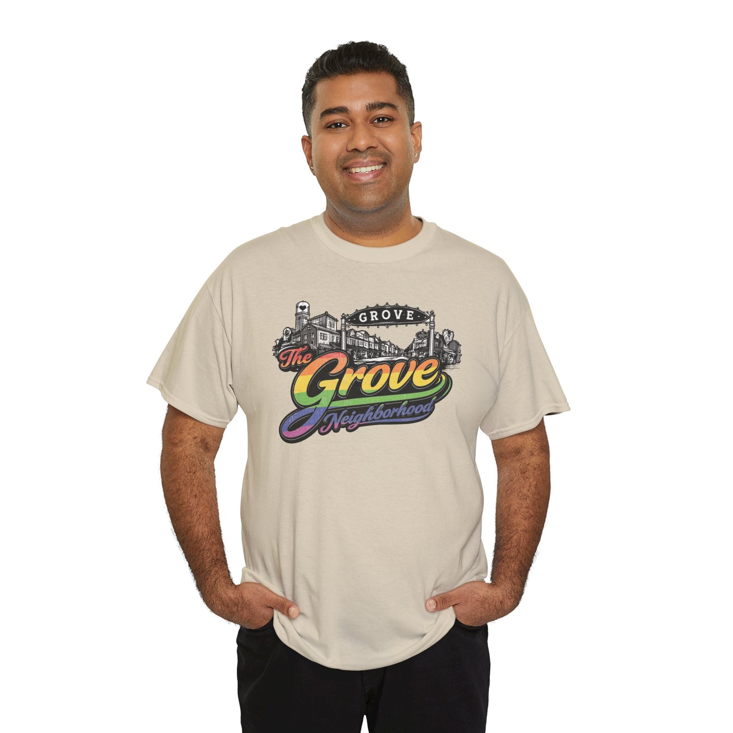 The Grove Neighborhood Tee — Retro Rainbow Logo T-Shirt