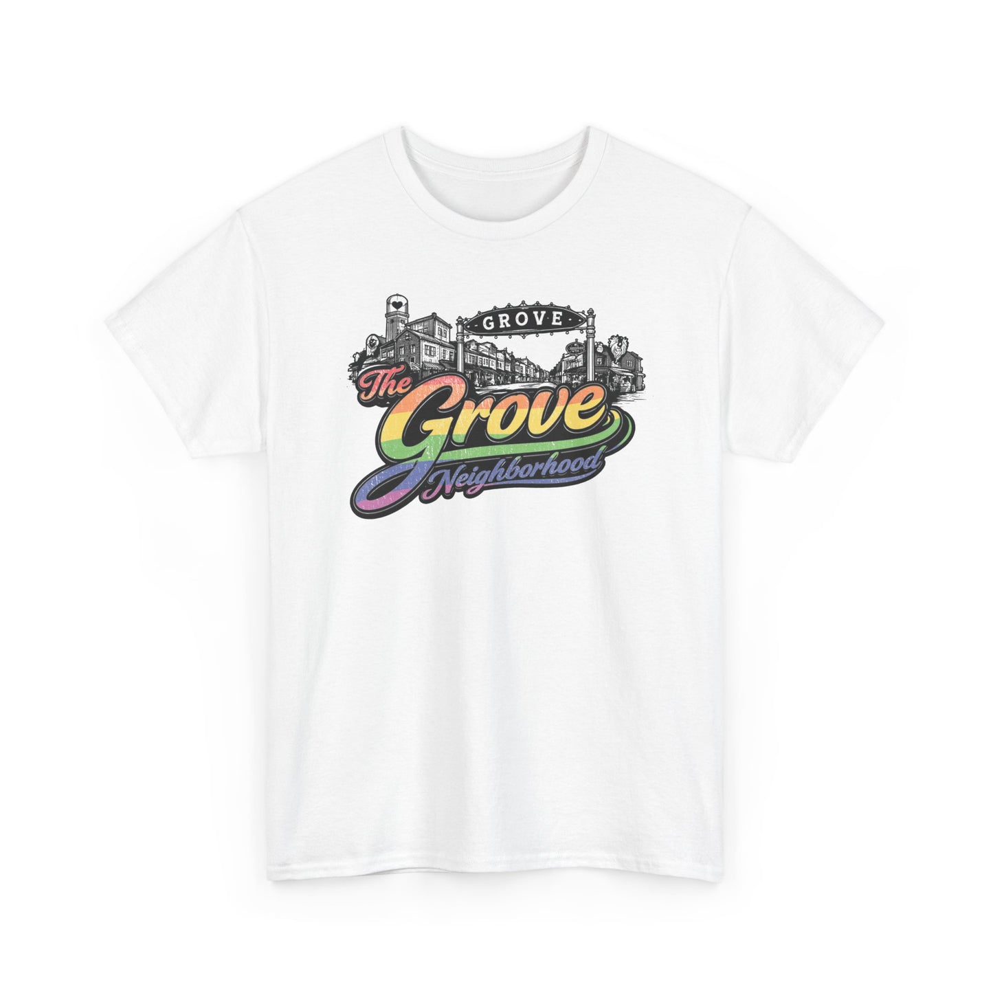 The Grove Neighborhood Tee — Retro Rainbow Logo T-Shirt