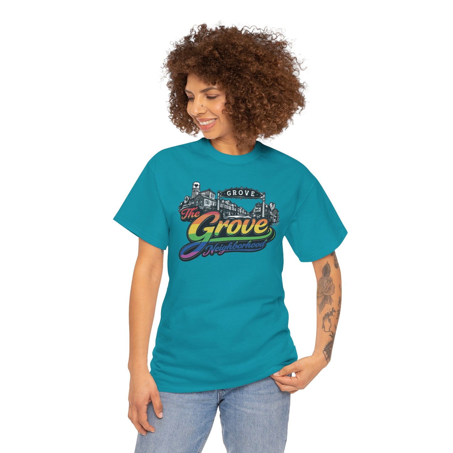 The Grove Neighborhood Tee — Retro Rainbow Logo T-Shirt