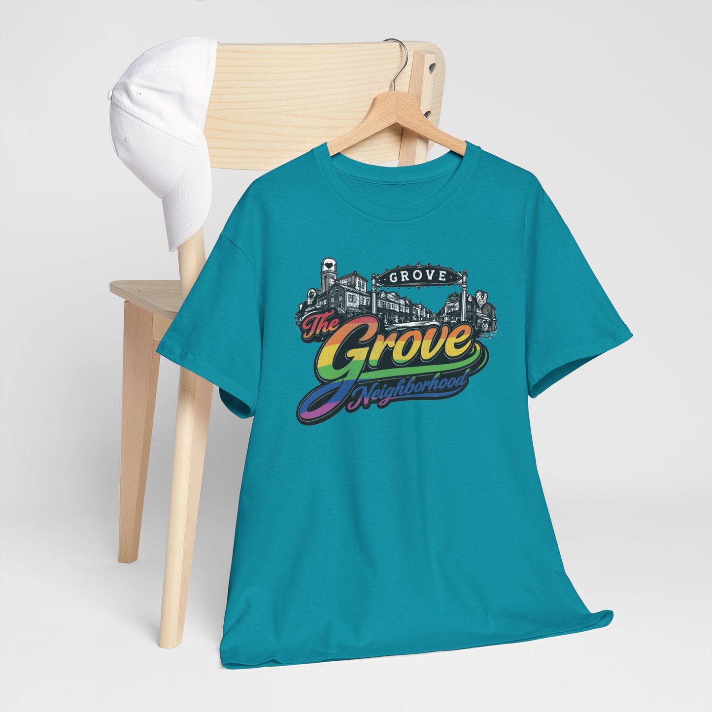 The Grove Neighborhood Tee — Retro Rainbow Logo T-Shirt