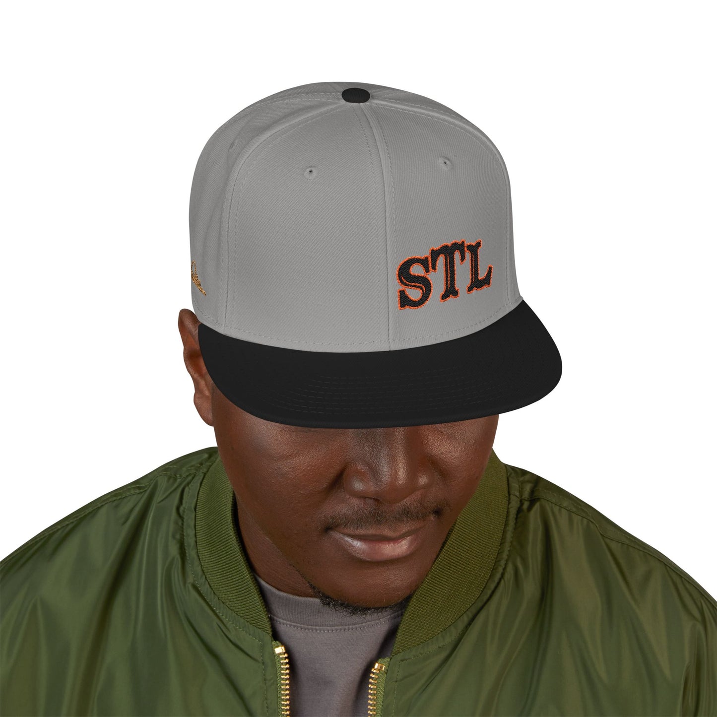 STL Embroidered Snapback Hat- Black & Orange Lettering Printify