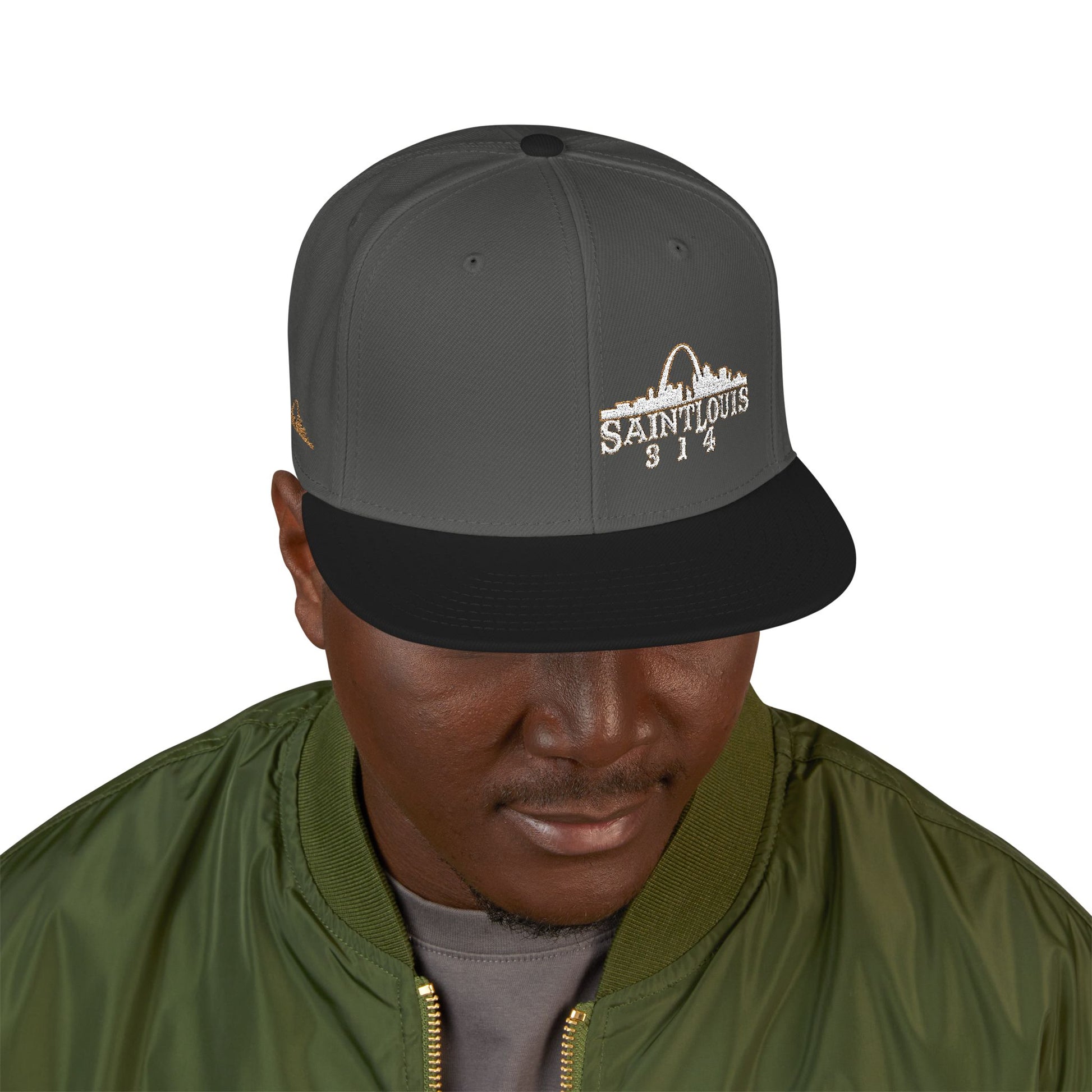 Embroidered Snapback Hat - Saint Louis - White and Gold Lettering Printify