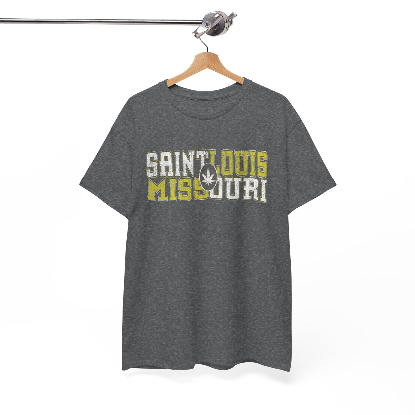 Saint Louis Missouri Tee - Retro Collegiate Cannabis Leaf Design