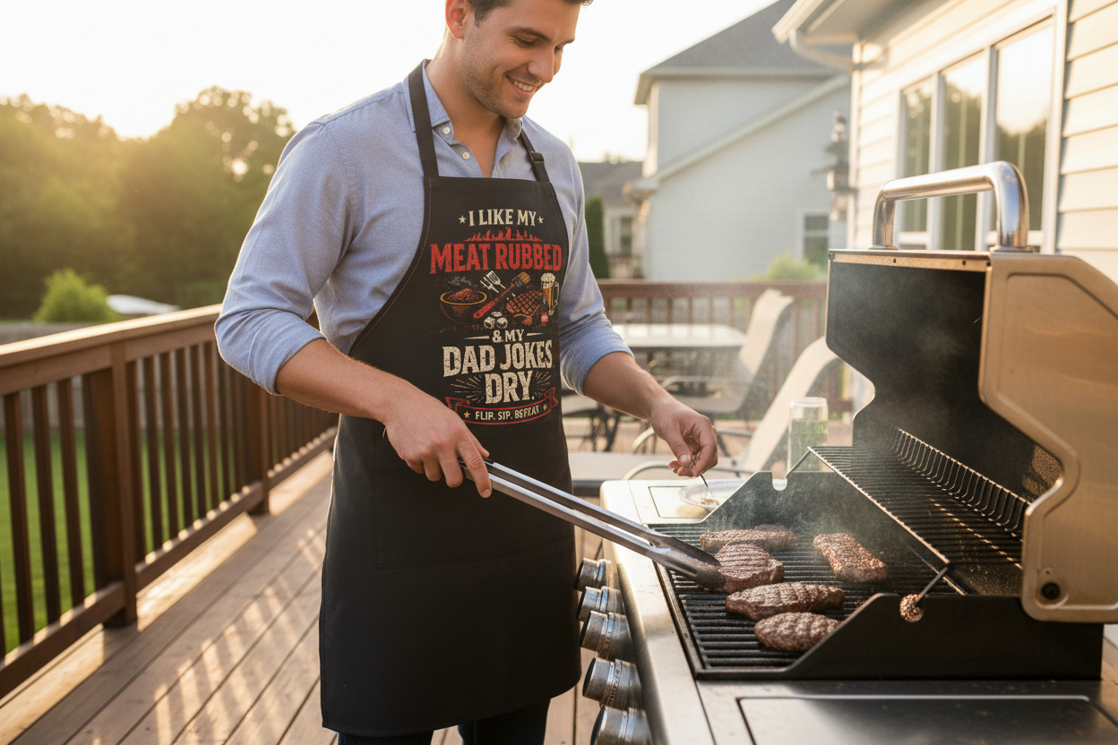 Barbecue Apron — "I Like My Meat Rubbed & My Dad Jokes Dry" Grill Apron for Dads, BBQ Lovers & Father's Day Gift