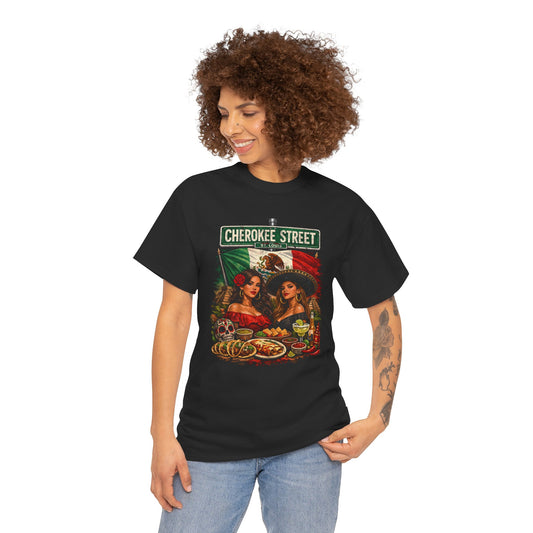 Cherokee Street Mexican Food Tee — Vintage Chicana Girls Street Sign T-Shirt