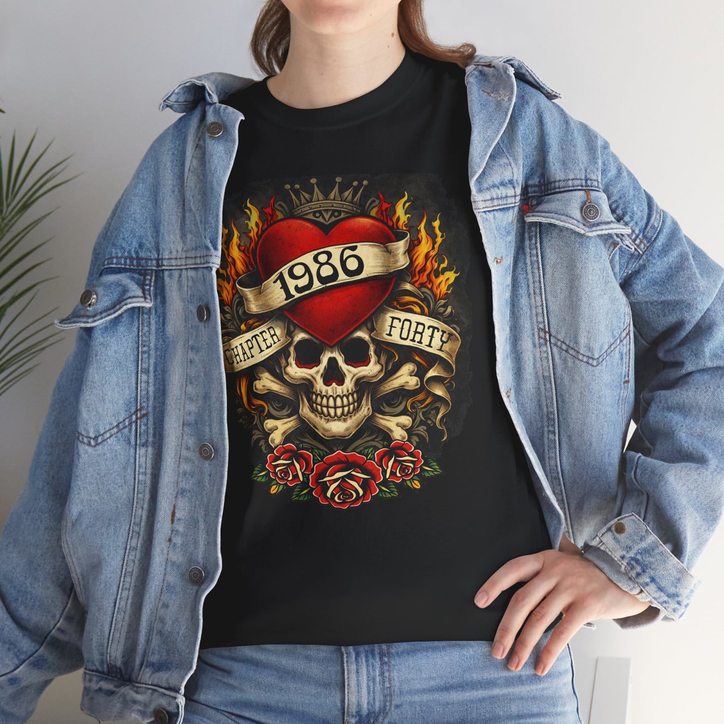 1986 Skull & Roses Tee — Retro Tattoo-Style Graphic Shirt