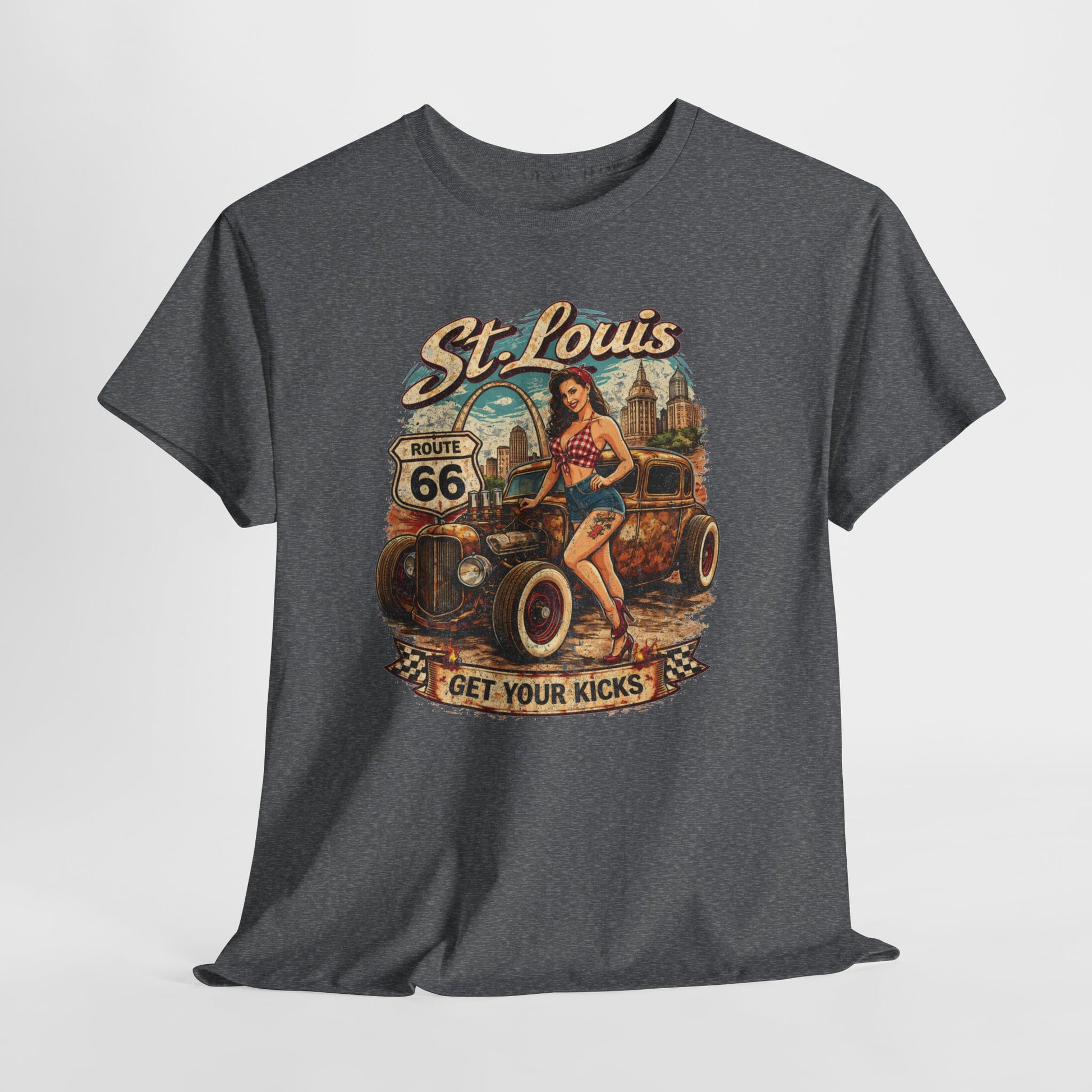 St. Louis Route 66 Vintage Car T‑Shirt — "Get Your Kicks" Retro Road Trip Tee Printify