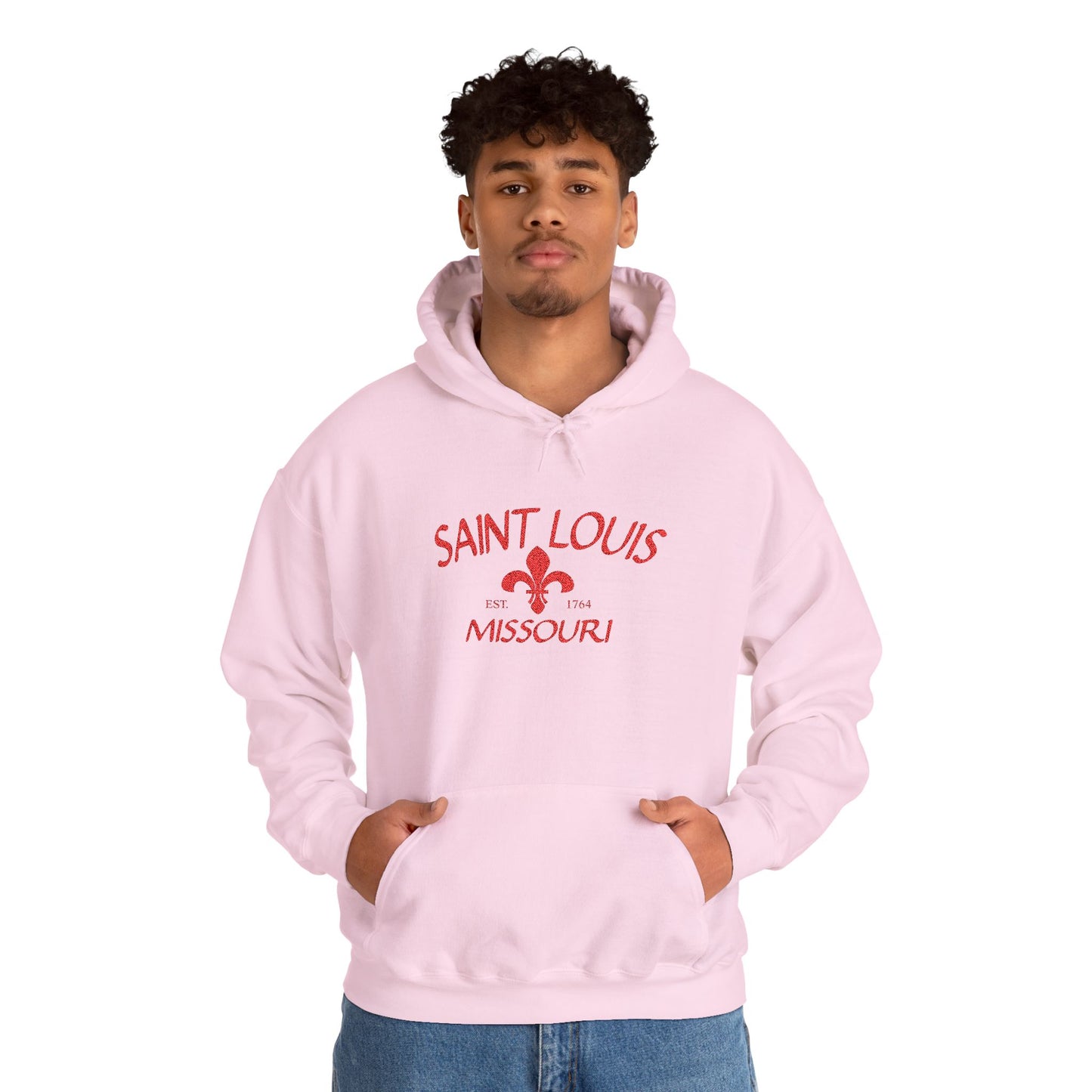 Saint Louis Missouri Embroidered Hoodie — Red Lettering
