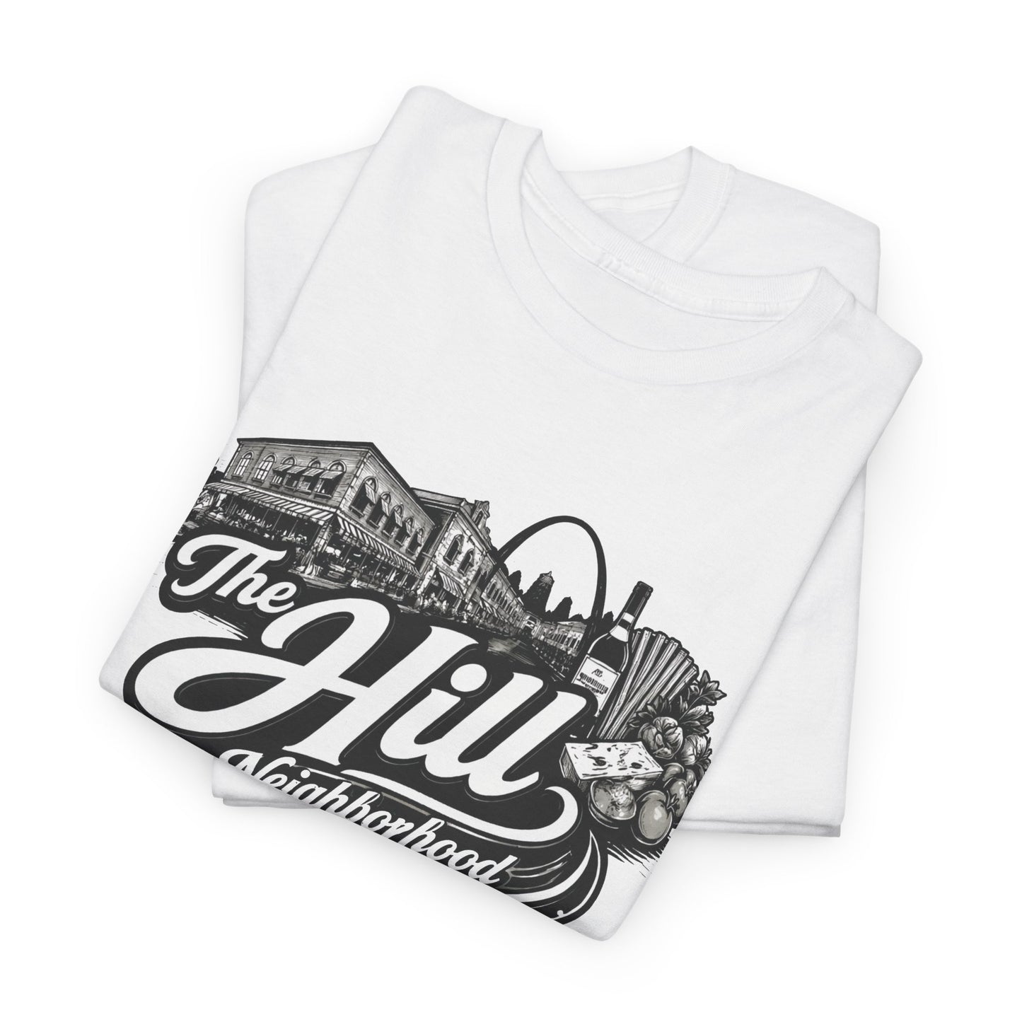 The Hill Neighborhood T-Shirt — Vintage Cityscape Tee with Red, White & Green Accents